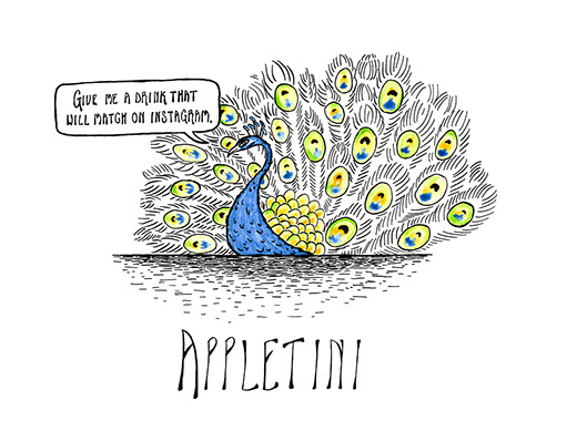One panel comic of a peacock ordering a cocktail